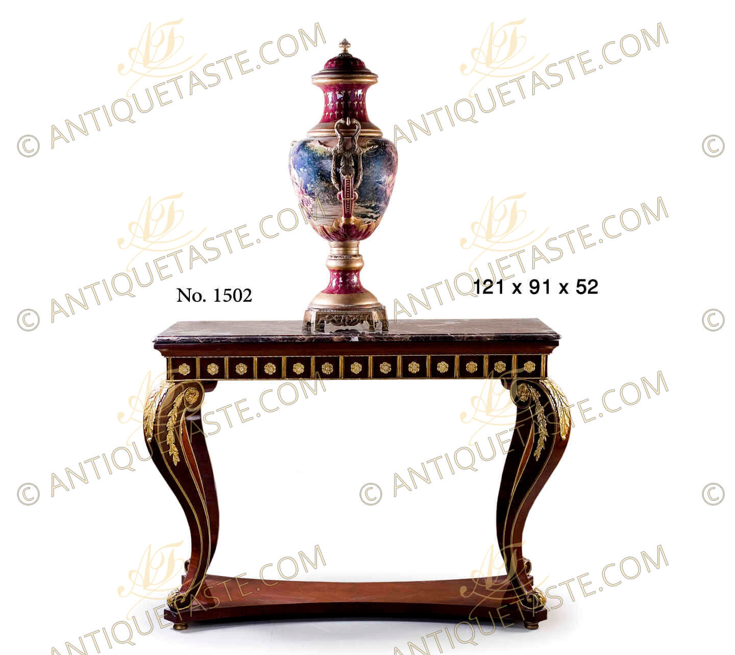 A statement making 19th century French Louis XV style freestanding ormolu-mounted veneer inlaid console table, Raised on four moulded and gilded bun feet below S scrolled robust volute cabriole legs connected by a bottom tier with concave sides and a mahogany quarter veneer pattern, The front of each leg is beautifully headed with a large ormolu acanthus leaf, each volute side is decorated with ormolu flower rosette issues ormolu leafy garland, terminating with a scrolled end adorned with a gilt-ormolu acanthus leaf, The outer contour of the legs is bordered with an ormolu band, above is the rectangular shaped apron with successive ormolu rosettes within ormolu squares under the beveled marble top